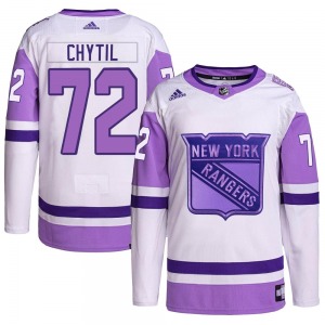 Youth Filip Chytil New York Rangers Adidas Authentic White/Purple Hockey Fights Cancer Primegreen Jersey