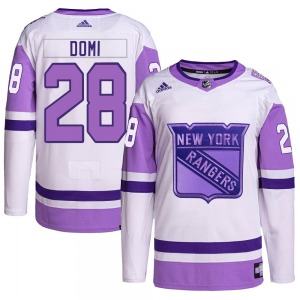 Youth Tie Domi New York Rangers Adidas Authentic White/Purple Hockey Fights Cancer Primegreen Jersey