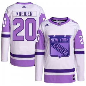 Youth Chris Kreider New York Rangers Adidas Authentic White/Purple Hockey Fights Cancer Primegreen Jersey