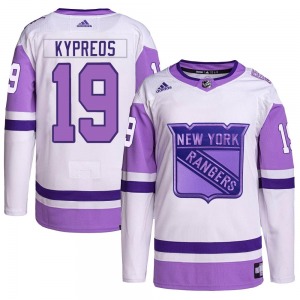 Youth Nick Kypreos New York Rangers Adidas Authentic White/Purple Hockey Fights Cancer Primegreen Jersey