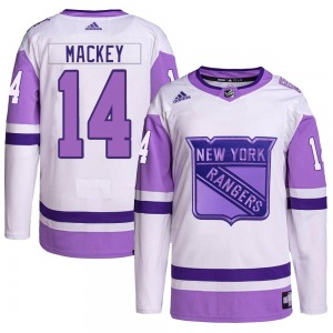 Youth Connor Mackey New York Rangers Adidas Authentic White/Purple Hockey Fights Cancer Primegreen Jersey