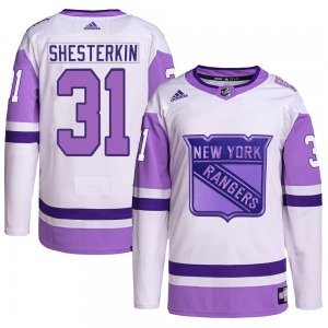 Youth Igor Shesterkin New York Rangers Adidas Authentic White/Purple Hockey Fights Cancer Primegreen Jersey