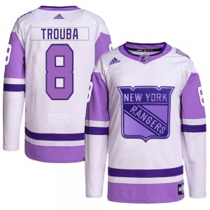 Youth Jacob Trouba New York Rangers Adidas Authentic White/Purple Hockey Fights Cancer Primegreen Jersey