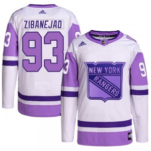 Youth Mika Zibanejad New York Rangers Adidas Authentic White/Purple Hockey Fights Cancer Primegreen Jersey