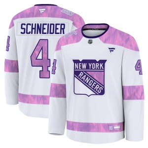 Youth Braden Schneider New York Rangers Fanatics Premium White 2024 Hockey Fights Cancer Practice Jersey