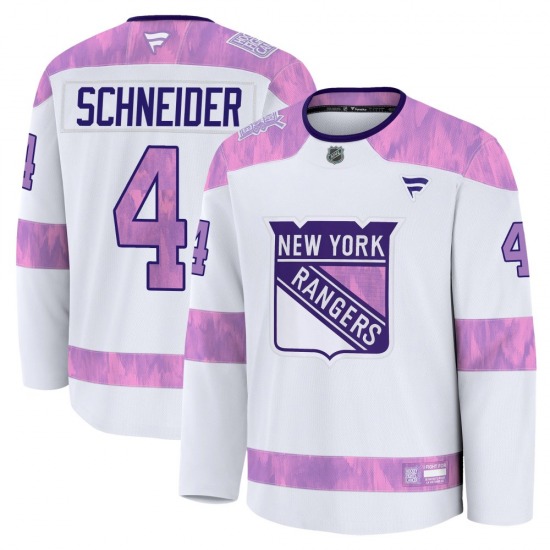 Youth Braden Schneider New York Rangers Fanatics Premium White 2024 Hockey Fights Cancer Practice Jersey