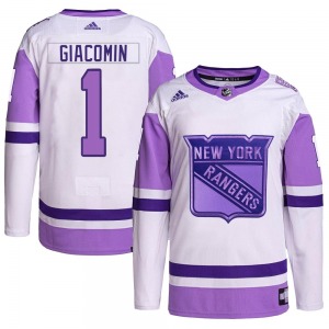 Youth Eddie Giacomin New York Rangers Adidas Authentic White/Purple Hockey Fights Cancer Primegreen Jersey