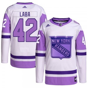 Youth Noah Laba New York Rangers Adidas Authentic White/Purple Hockey Fights Cancer Primegreen Jersey