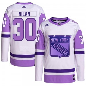 Youth Chris Nilan New York Rangers Adidas Authentic White/Purple Hockey Fights Cancer Primegreen Jersey