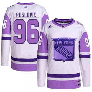 Youth Jack Roslovic New York Rangers Adidas Authentic White/Purple Hockey Fights Cancer Primegreen Jersey
