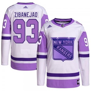 Youth Mika Zibanejad New York Rangers Adidas Authentic White/Purple Hockey Fights Cancer Primegreen Jersey