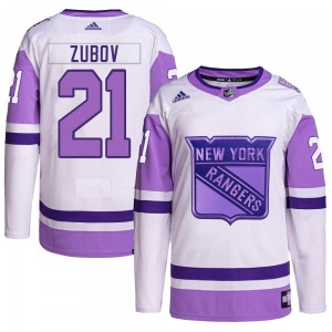 Youth Sergei Zubov New York Rangers Adidas Authentic White/Purple Hockey Fights Cancer Primegreen Jersey
