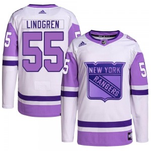 Ryan Lindgren New York Rangers Adidas Authentic White/Purple Hockey Fights Cancer Primegreen Jersey